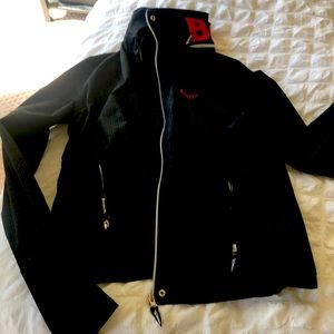 Bench jacket. Hood in collar. Barely worn